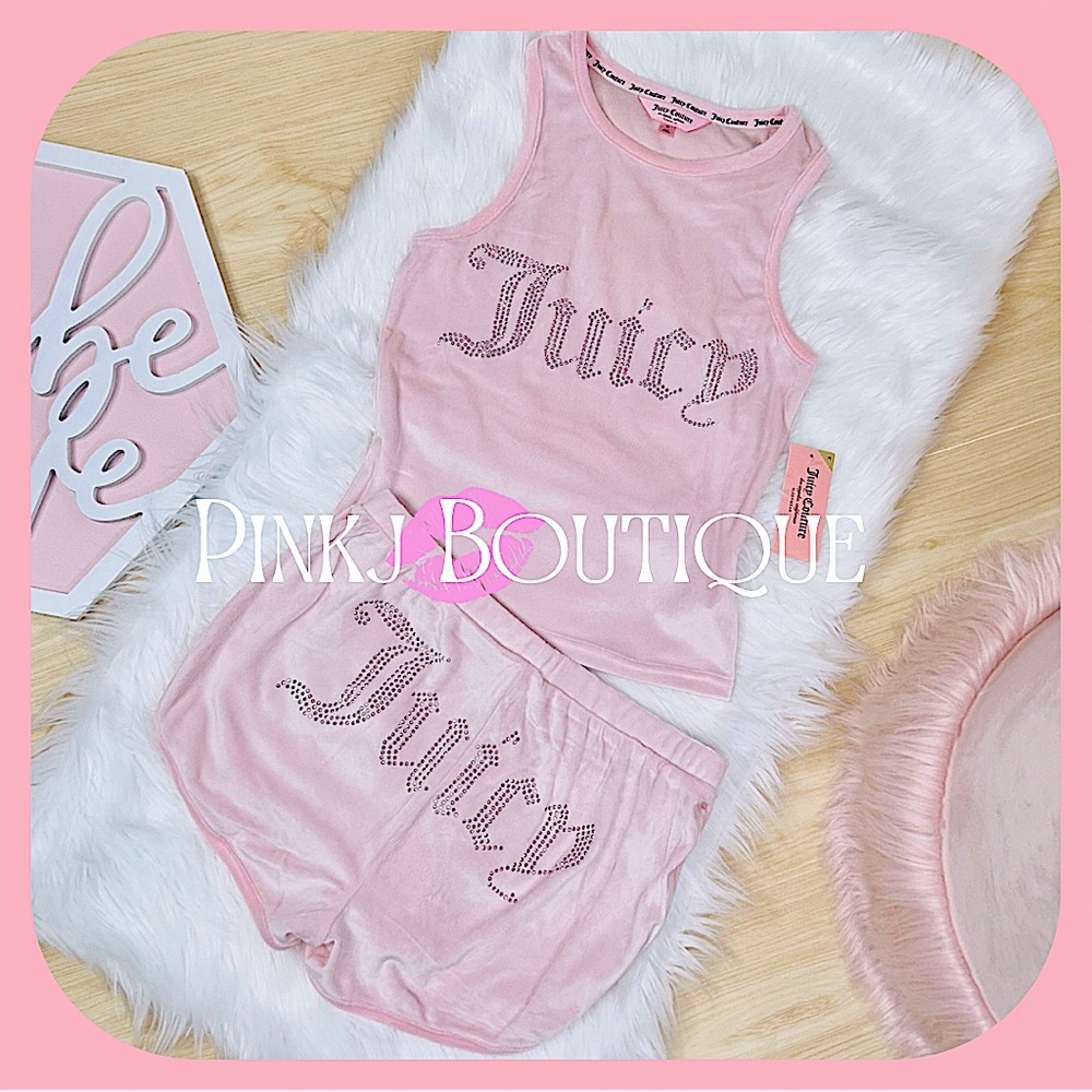 💗💋2pc {Juicy Couture} Beautiful Blush Pink Velour Bling Tank+Shorts | PJ Set! - Picture 2 of 4